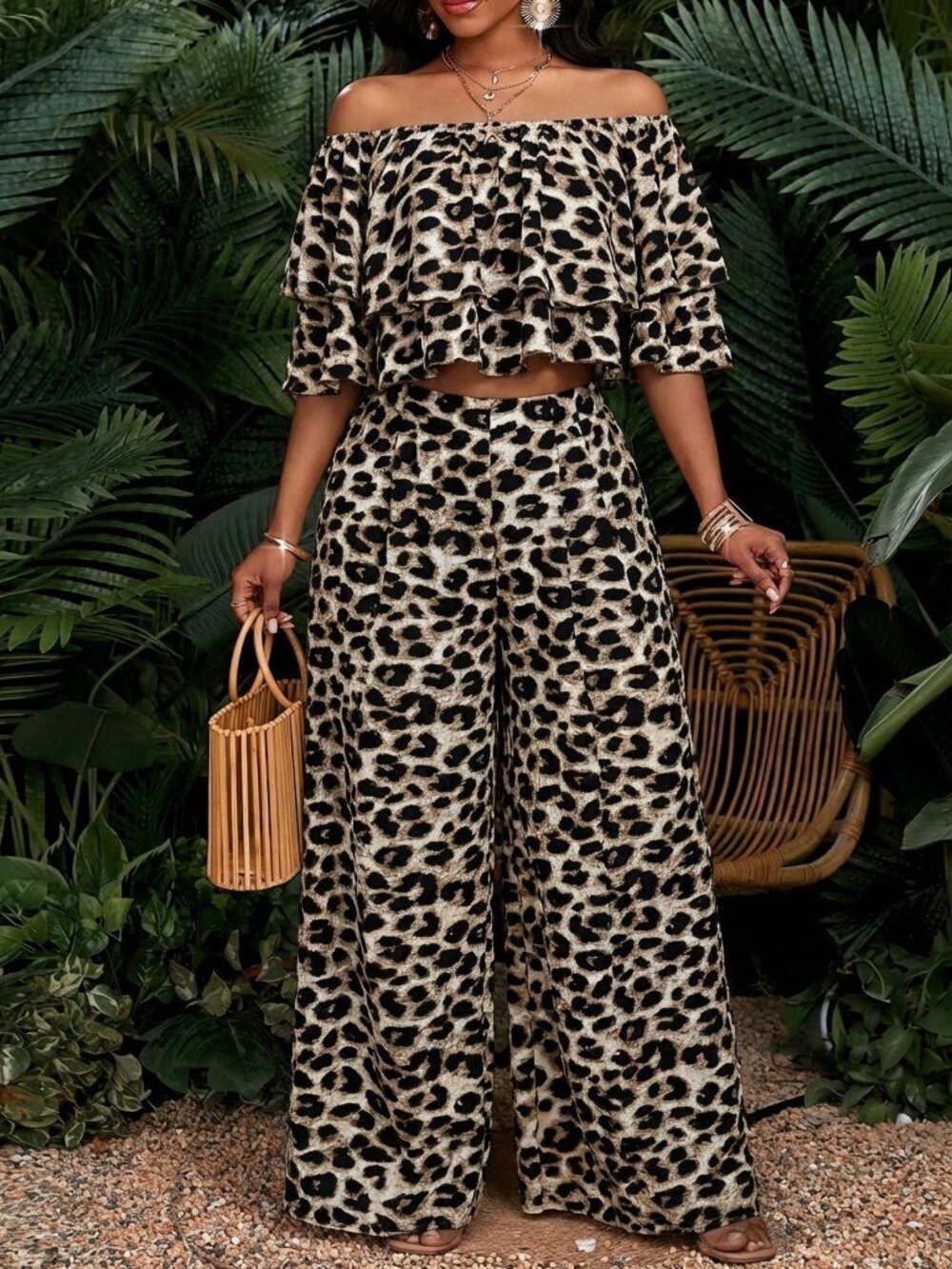 Multicolor Boho Women's Leopard Print Off-Shoulder Top & Wide-Leg Pants Set - Picture 6 of 6